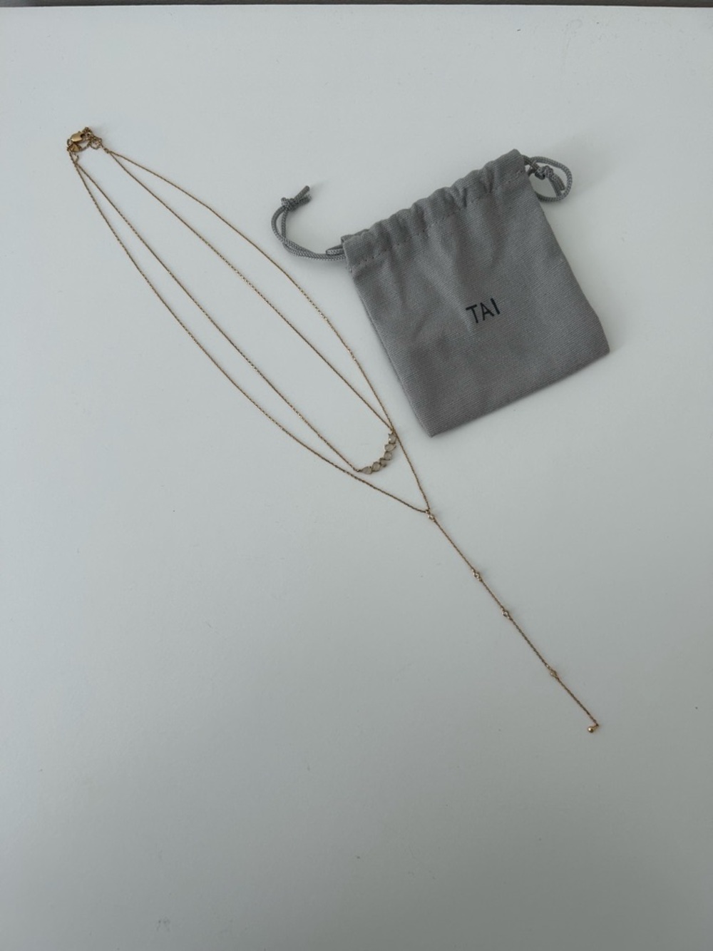 Tai Layered Y Pendant Necklace. Moonstone and clear stone detail